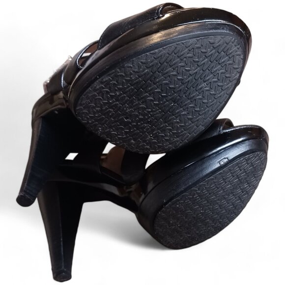 Michael Kors Carla Black Leather Platform Open Toe Cone Heels - Picture 9 of 16